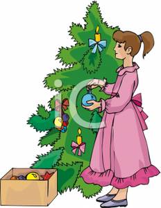 A Young Girl Decorating A Christmas Tree - Royalty Free Clipart Picture
